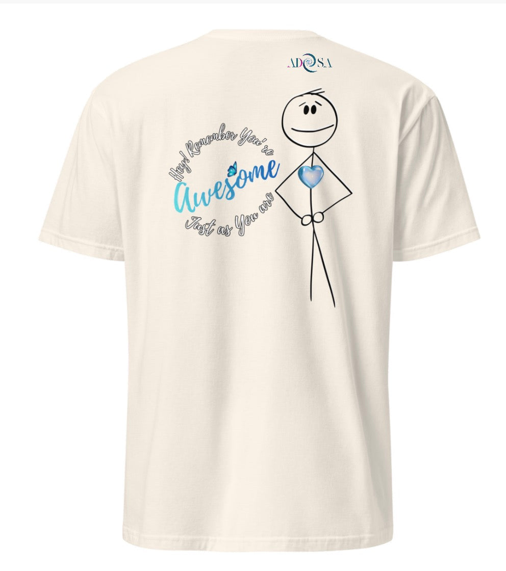 cream t-shirt with a stick figure blue heart and text design on a white background